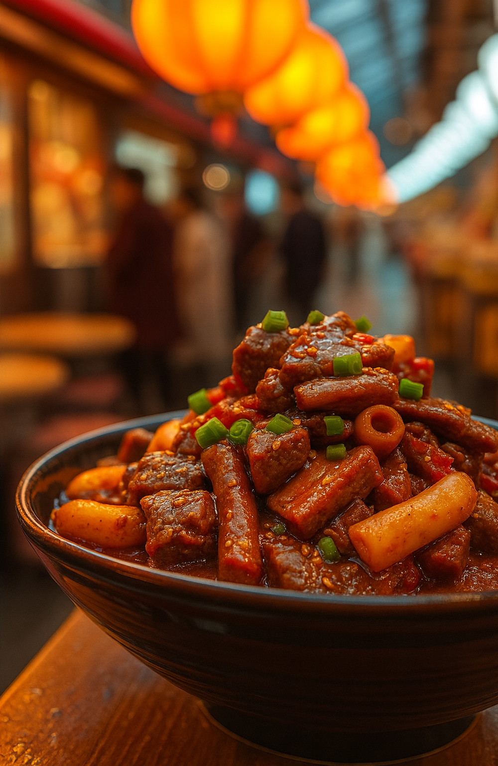 Korean spicy stir-fried beef with chewy rice cakes and sesame garnish.