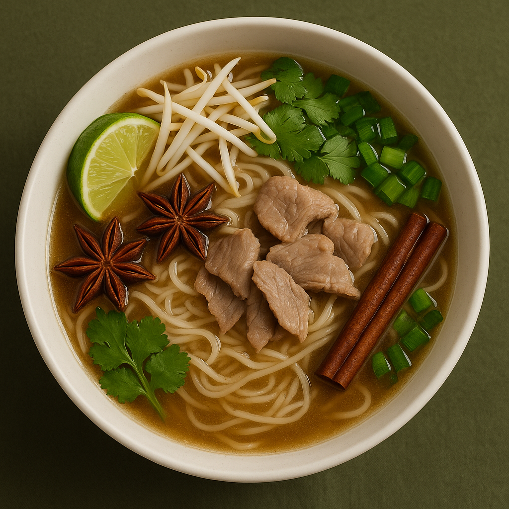 A bowl of traditional Vietnamese beef pho with noodles, fresh herbs, and lime wedges in a rich, aromatic broth.