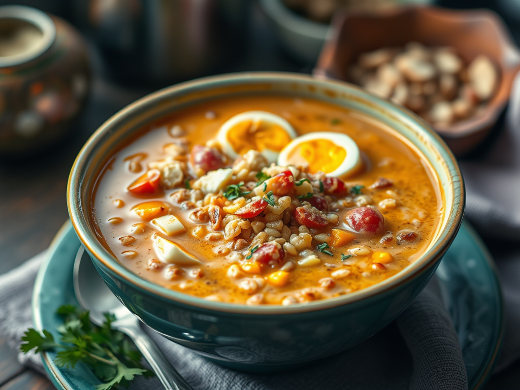 A bowl of Ecuadorian fanesca soup with grains, eggs, and cheese.