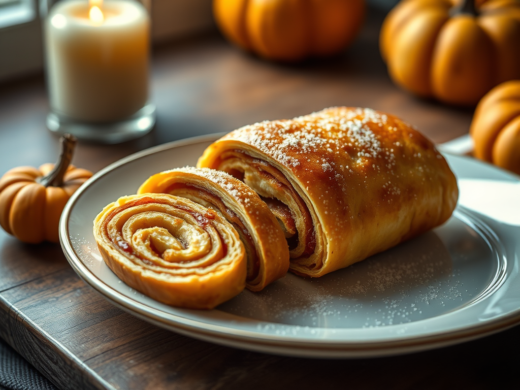 A golden Bosnian pumpkin burek pastry roll sliced on a plate.