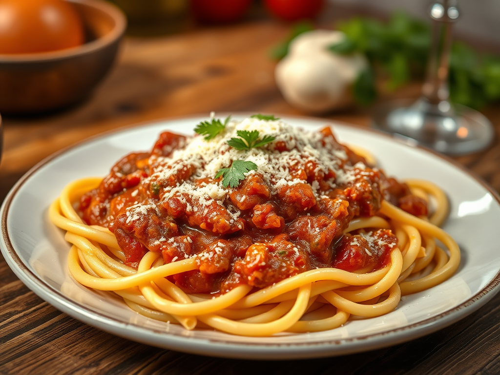 A plate of tagliatelle with rich Bolognese sauce.