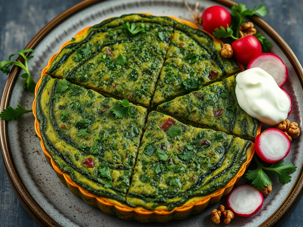 A round Persian Kuku Sabzi, baked until set and sliced into wedges, with a deep dark green color from fresh herbs like parsley, cilantro, and dill. The surface is slightly golden at the edges but mostly a rich, leafy green. It’s served on a rustic plate with a side of radishes, walnuts, and a dollop of yogurt, creating a contrast against the vibrant green herb-filled frittata.
