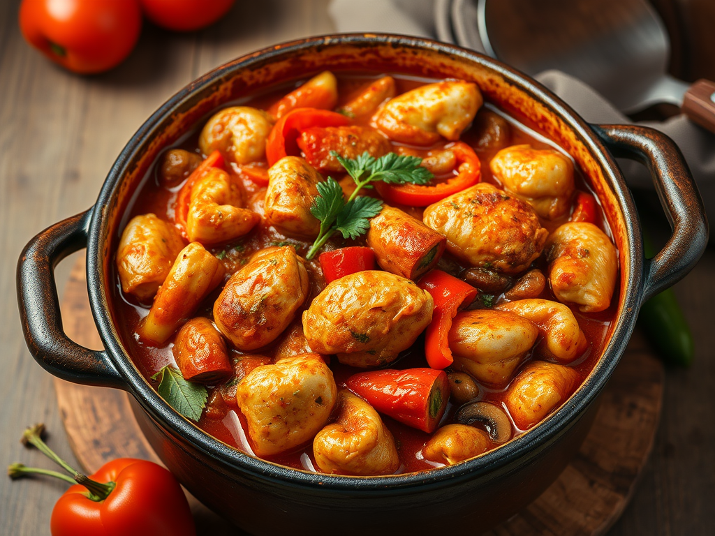 A rustic pot of authentic chicken cacciatore with vegetables and sauce.