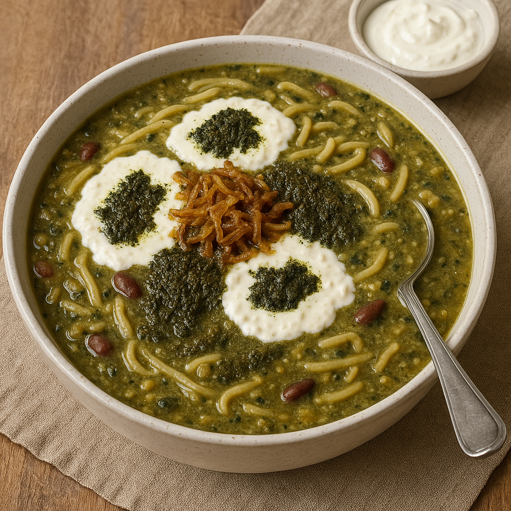 Bowl of hearty Persian Ash Reshteh soup with herbs, noodles, and kashk garnish.