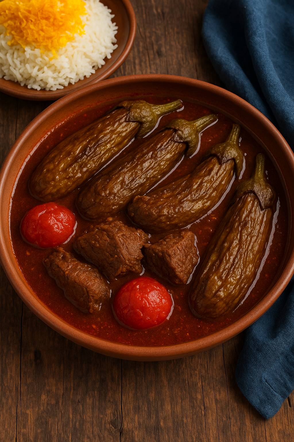 A dish of Persian eggplant stew with lamb and tomato served alongside rice.