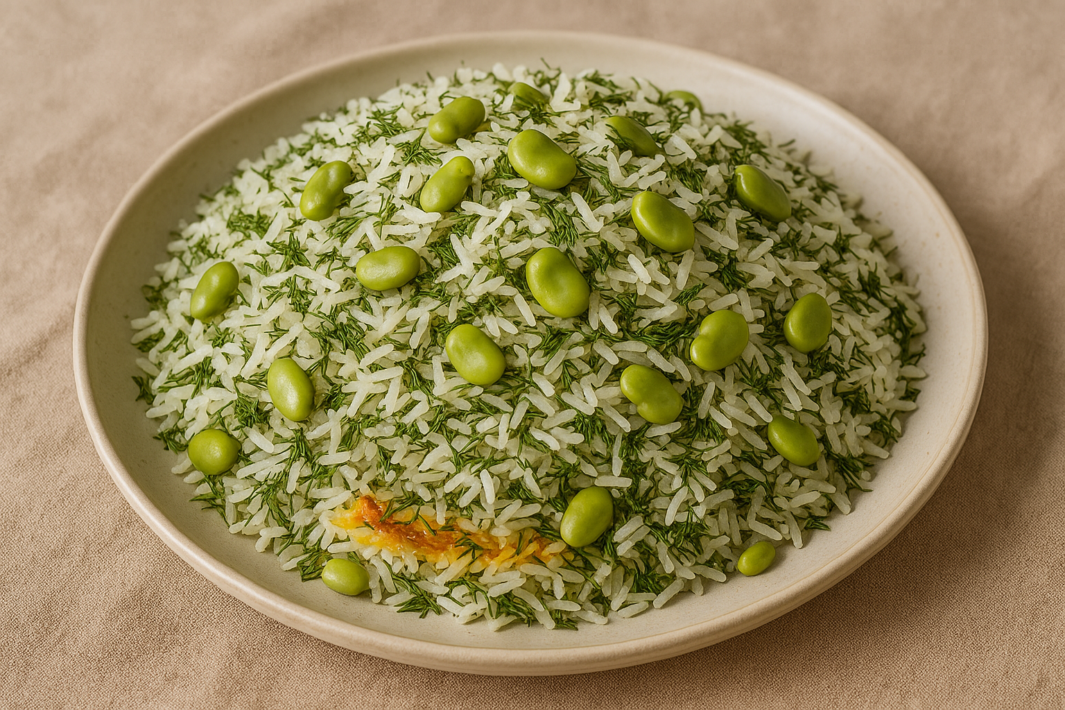 Baghali Polo rice with dill and fava beans served in a traditional dish.