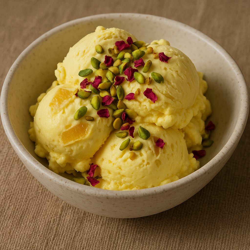 Scoop of golden Persian saffron ice cream with pistachios.