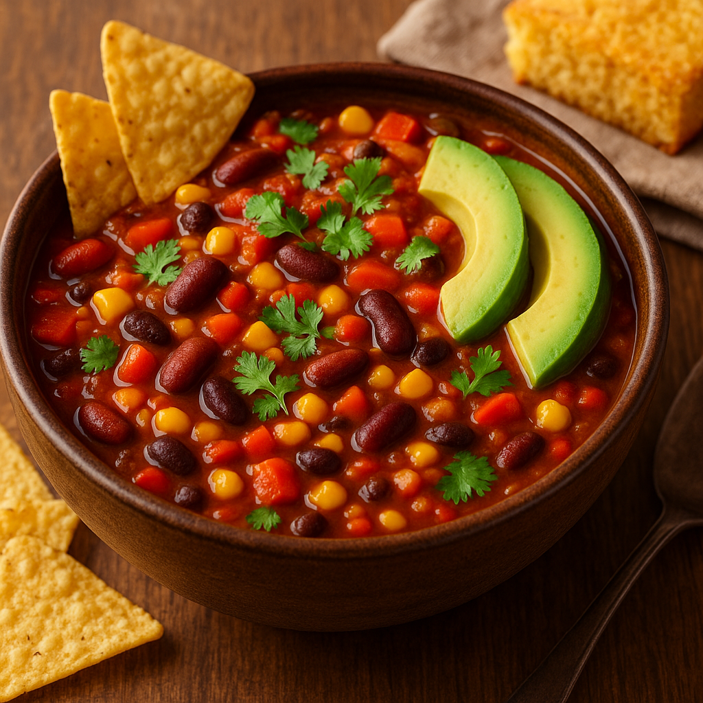 A hearty bowl of vegetarian chili with beans, corn, and vegetables, garnished with cilantro and avocado, served alongside cornbread and tortilla chips.