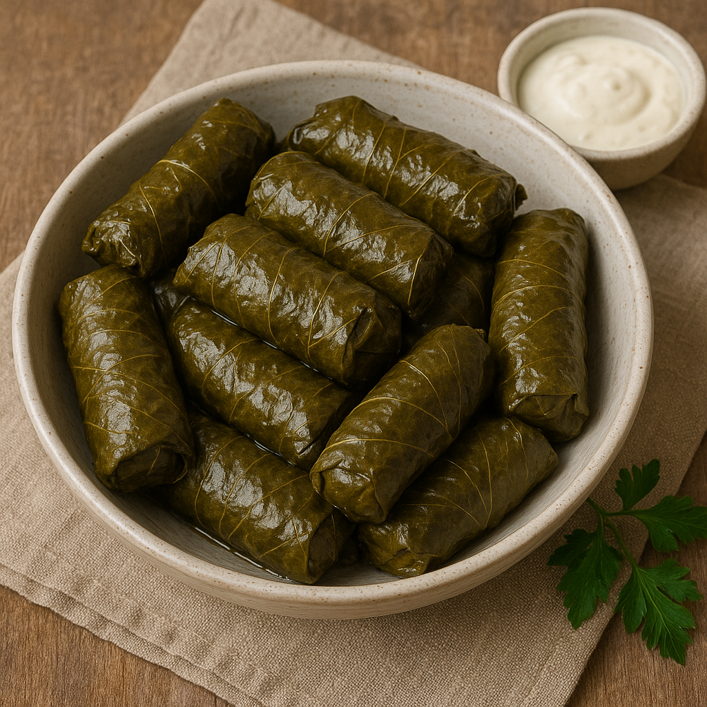 Plate of Persian Dolmeh stuffed grape leaves and vegetables