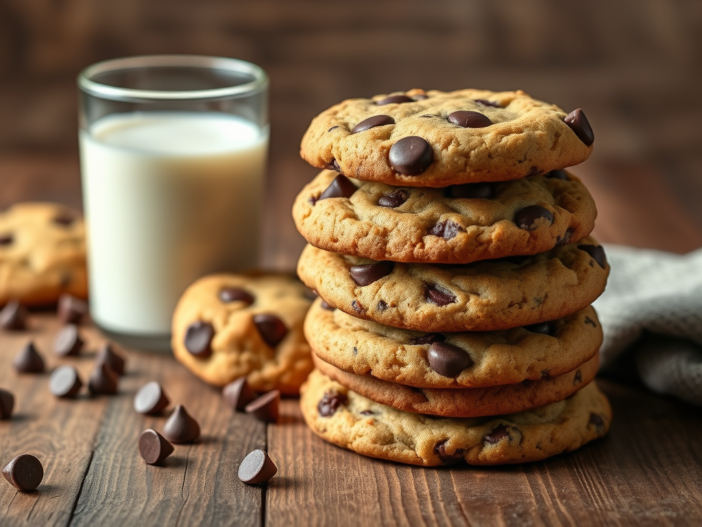 A stack of freshly baked chocolate chip cookies.
