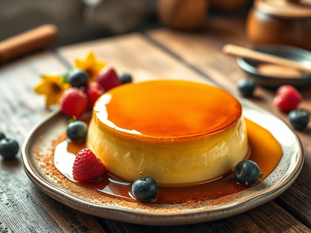A golden caramel flan served on a white plate.
