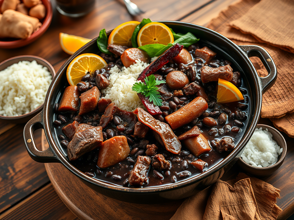 Brazilian feijoada served in a clay pot.
