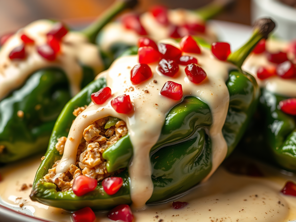 Chiles en Nogada topped with walnut sauce and pomegranate seeds.