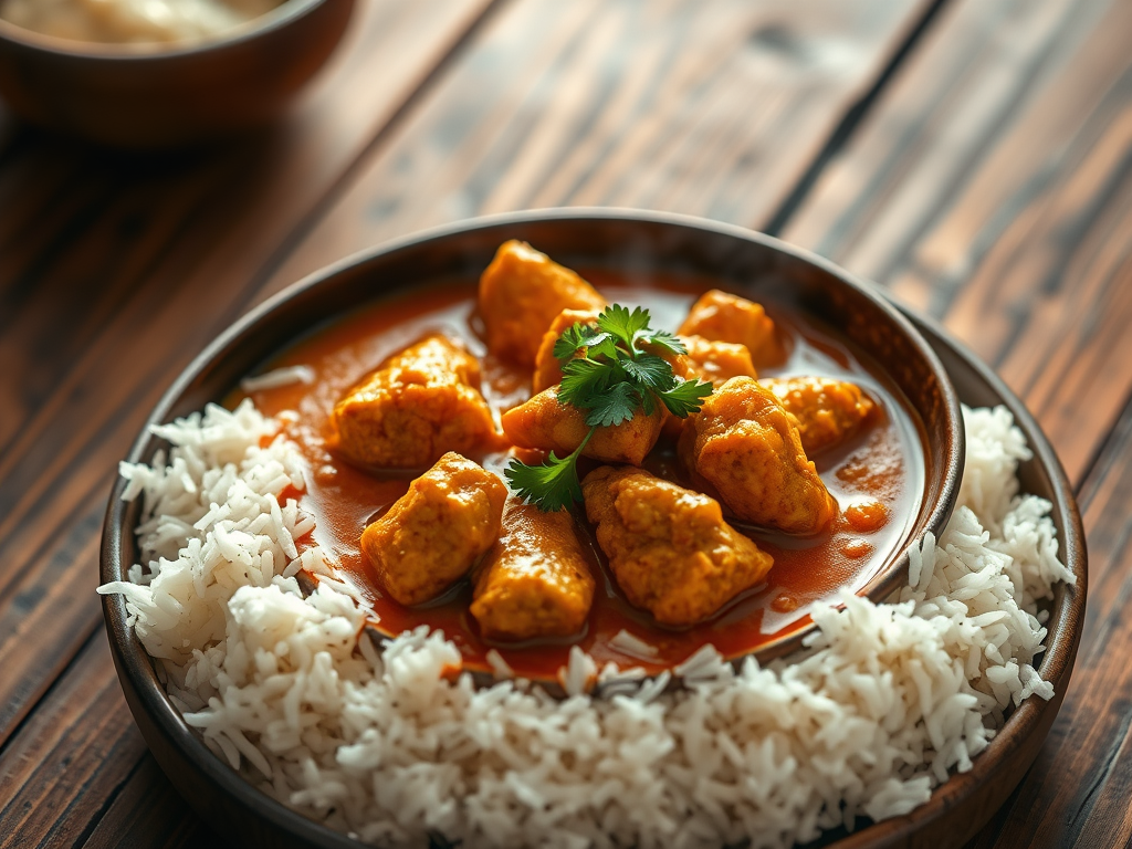 Indian chicken curry with rice served in a bowl, garnished with cilantro.