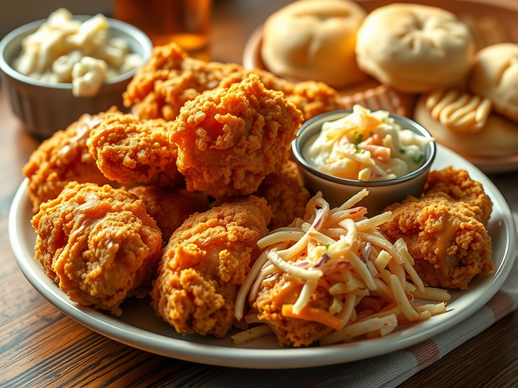 Golden crispy southern fried chicken on a plate.