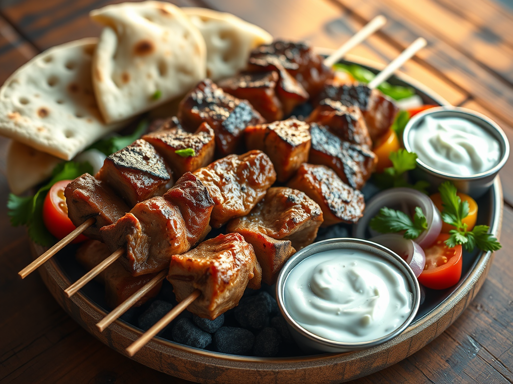 Juicy grilled pork skewers with char marks served with pita and tzatziki.