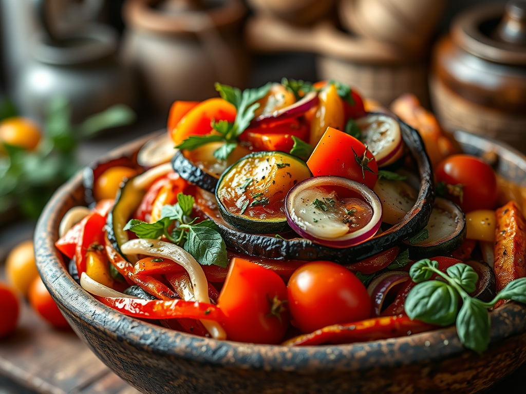 Colorful ratatouille with eggplant, zucchini, peppers, and tomatoes.