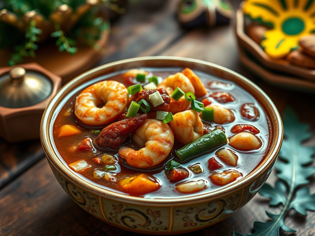 A bowl of Cajun gumbo with sausage, chicken, and shrimp over rice.