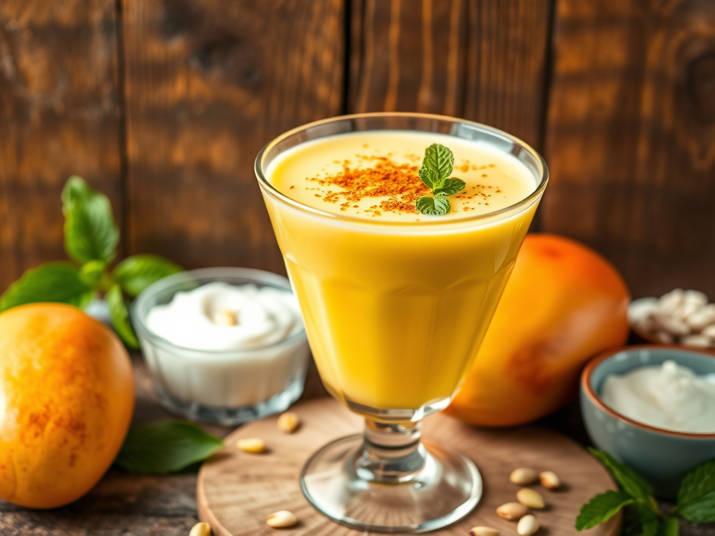 A creamy, refreshing yogurt-based drink blended with ripe mango and lightly spiced with cardamom.