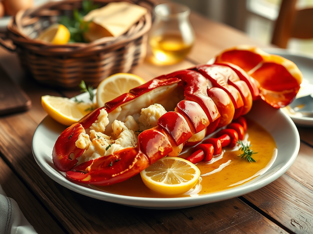 A plated lobster tail served with lemon wedges and butter sauce on a wooden table.