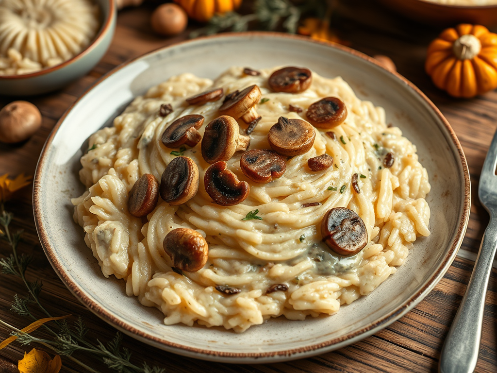 A bowl of creamy mushroom risotto garnished with herbs.