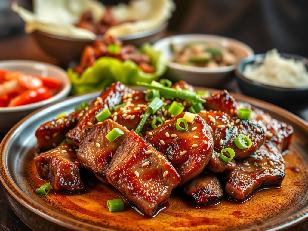 Thinly sliced bulgogi beef sizzling with sesame seeds and green onions.
