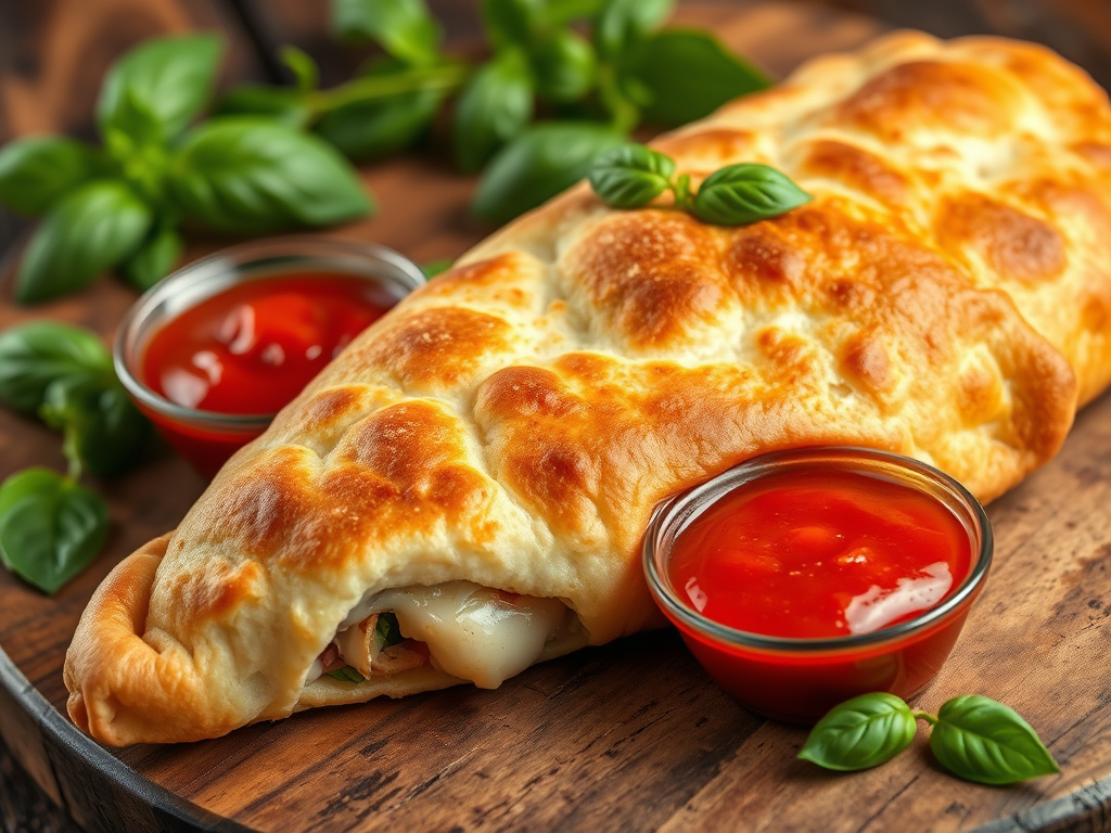 Golden-baked Italian calzone stuffed with cheese and tomato sauce.