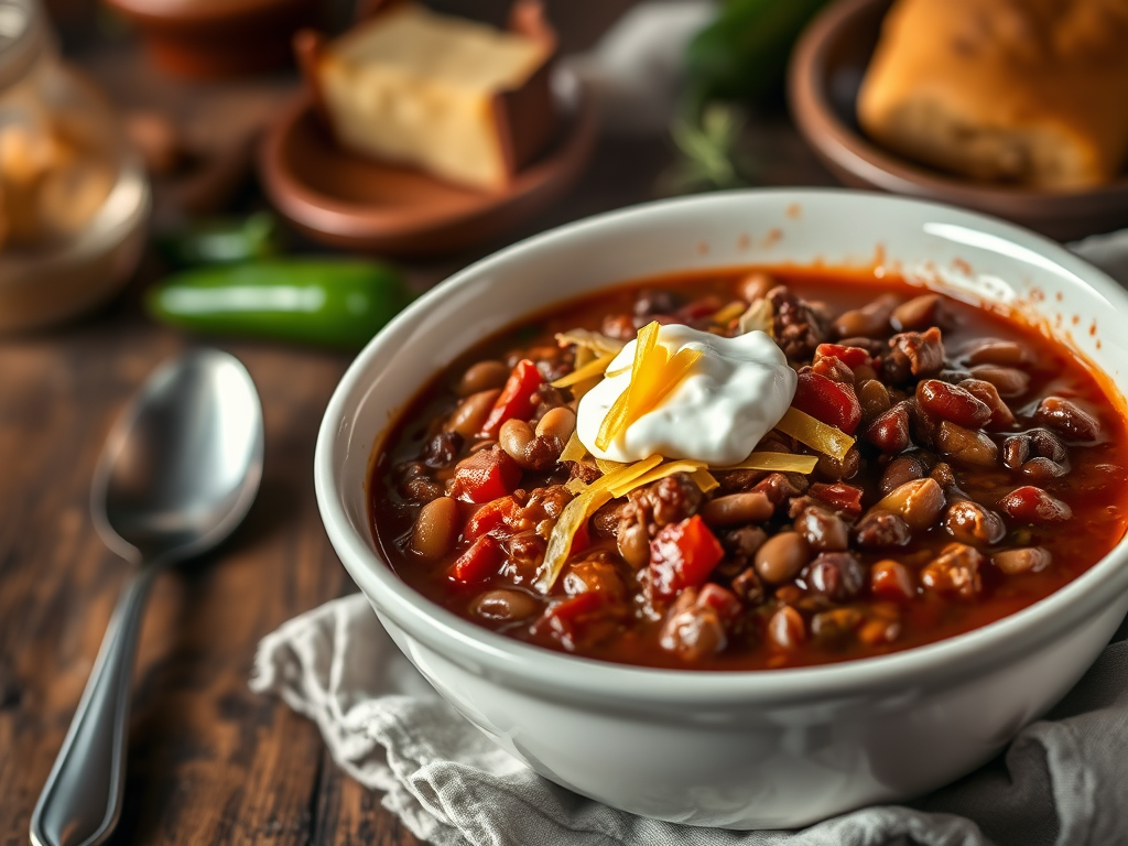 A steaming bowl of chunky chili with beans, beef, and toppings.