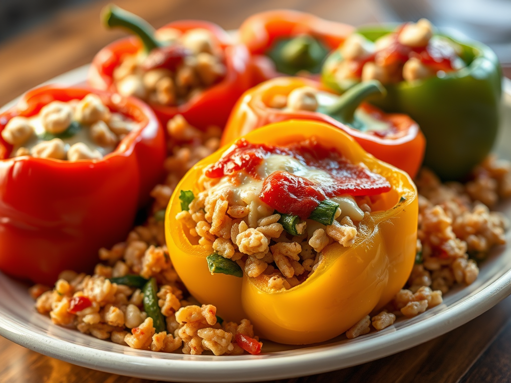 Baked bell peppers stuffed with ground turkey and melted cheese.