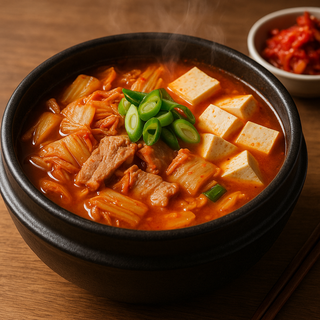 A steaming bowl of kimchi jjigae with pork, tofu, and scallions.