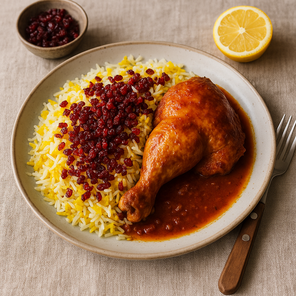 Plate of Persian Zereshk Polo rice with saffron, barberries, and chicken.