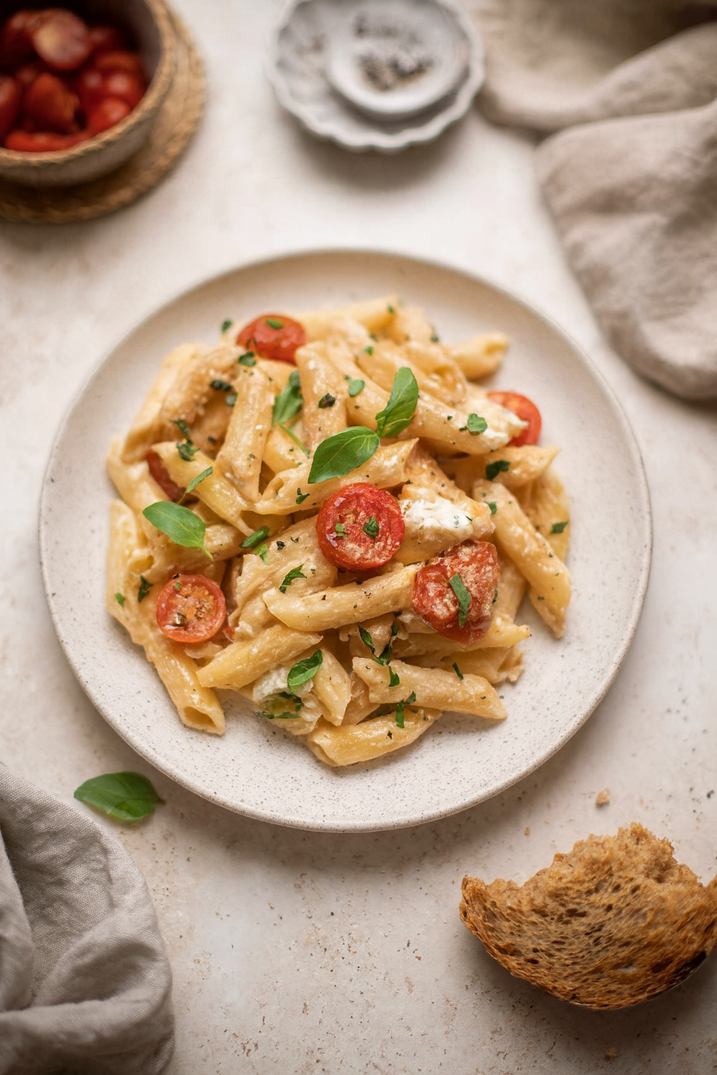 Creamy baked feta pasta with tomatoes and basil.