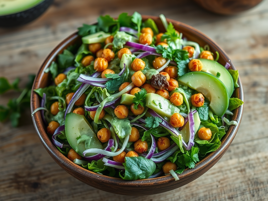 Bright green salad with avocado herb dressing.
