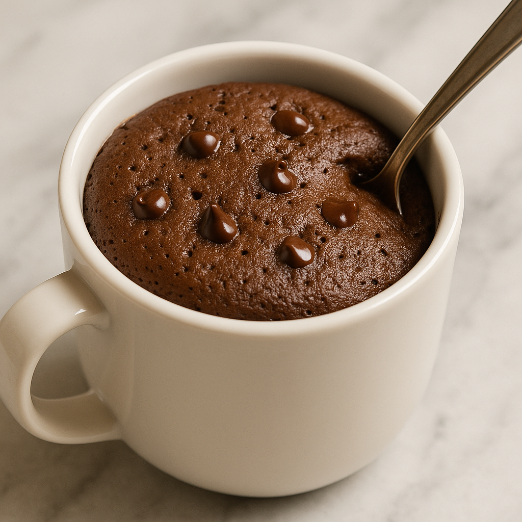Chocolate mug cake in a white cup with spoon.